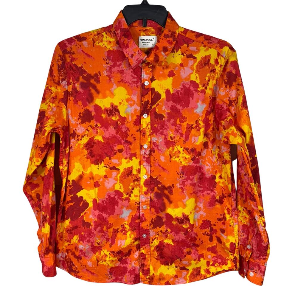 Tunevuse Mens Large Shirt Button-Up Long Sleeves Abstract Collared Regular Fit